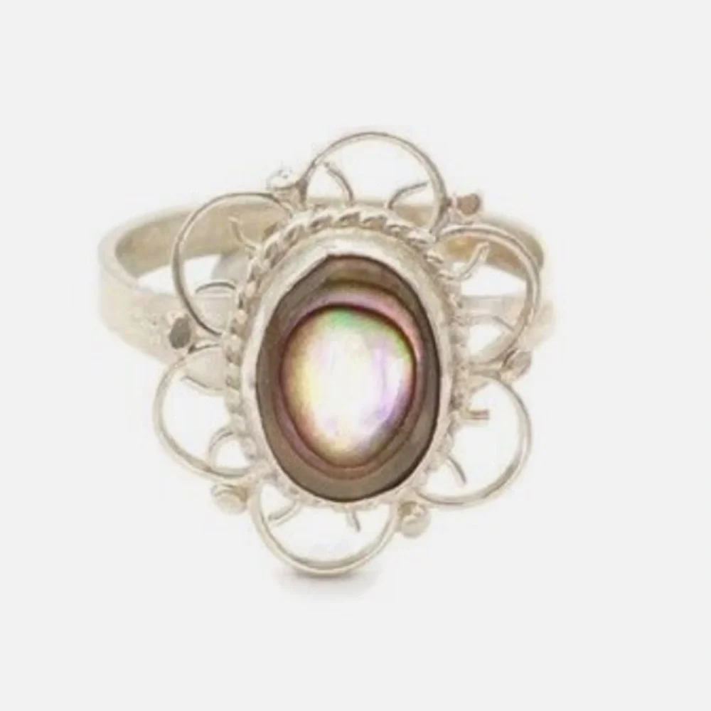 Vintage Mexico Sterling Silver 925 Abalone Stone Shell Filagree Oval Ring